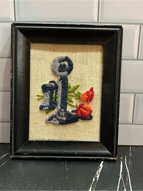 Vintage Framed Crewel Art Antique Phone & Flowers Cottagecore Whimsical Wall Art